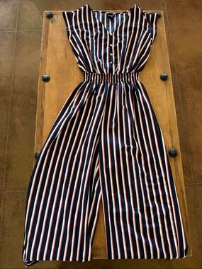 Enfocus Studio Navy Striped Wide-Leg Jumpsuit with Red & White Accents